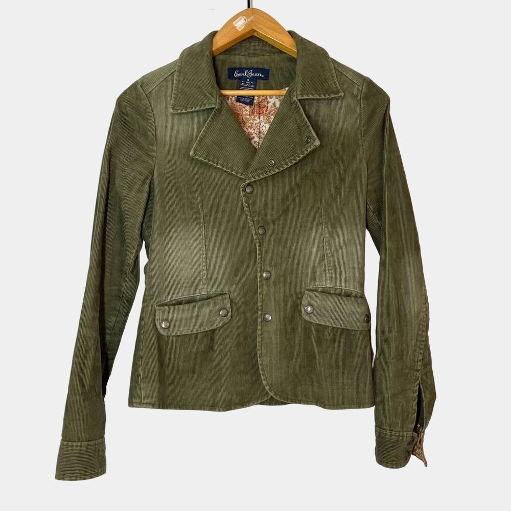 Y2K Earl Jean Olive Green Corduroy Blazer Jacket, Paisley Print Lining, Size S